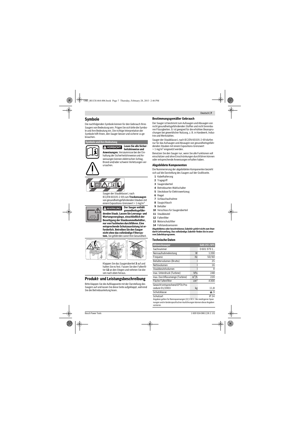 Symbole, Produkt- und leistungsbeschreibung | Bosch GAS 25 L SFC Professional User Manual | Page 7 / 146