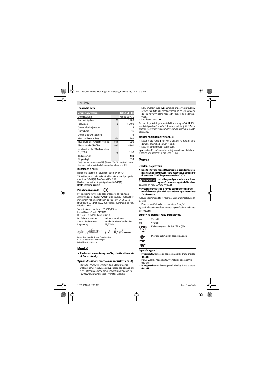 Montáž, Provoz | Bosch GAS 25 L SFC Professional User Manual | Page 70 / 146