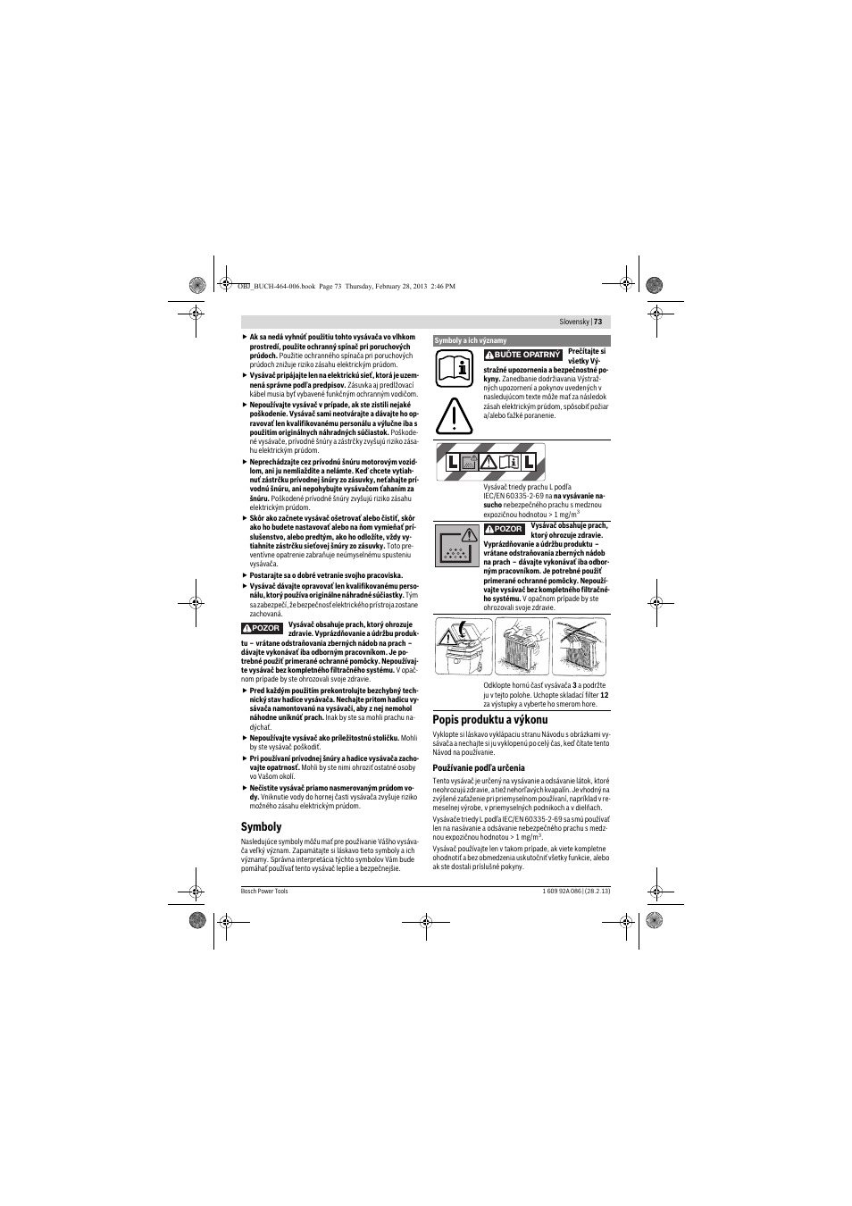 Symboly, Popis produktu a výkonu | Bosch GAS 25 L SFC Professional User Manual | Page 73 / 146