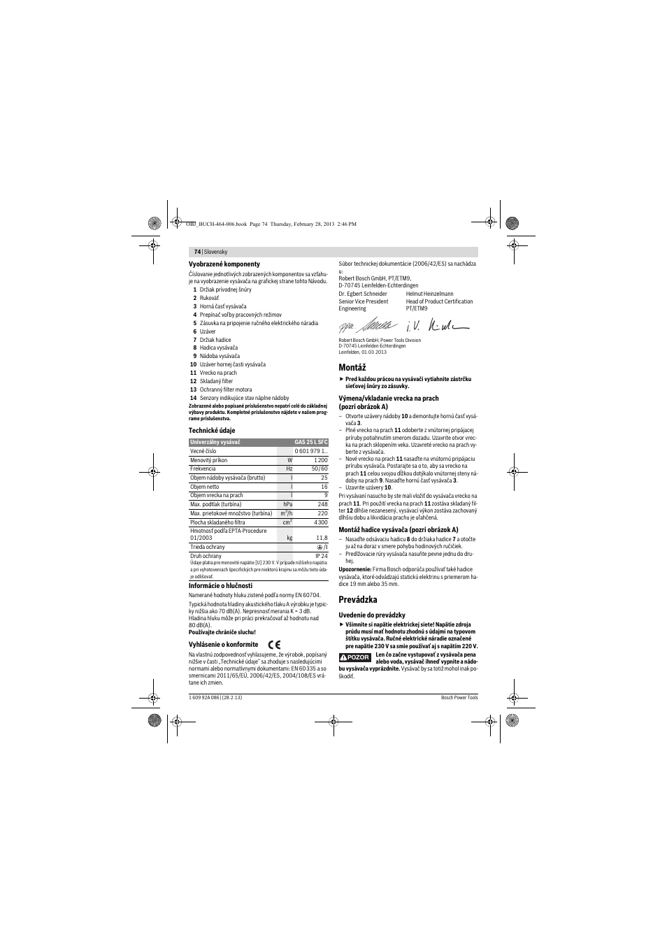 Montáž, Prevádzka | Bosch GAS 25 L SFC Professional User Manual | Page 74 / 146