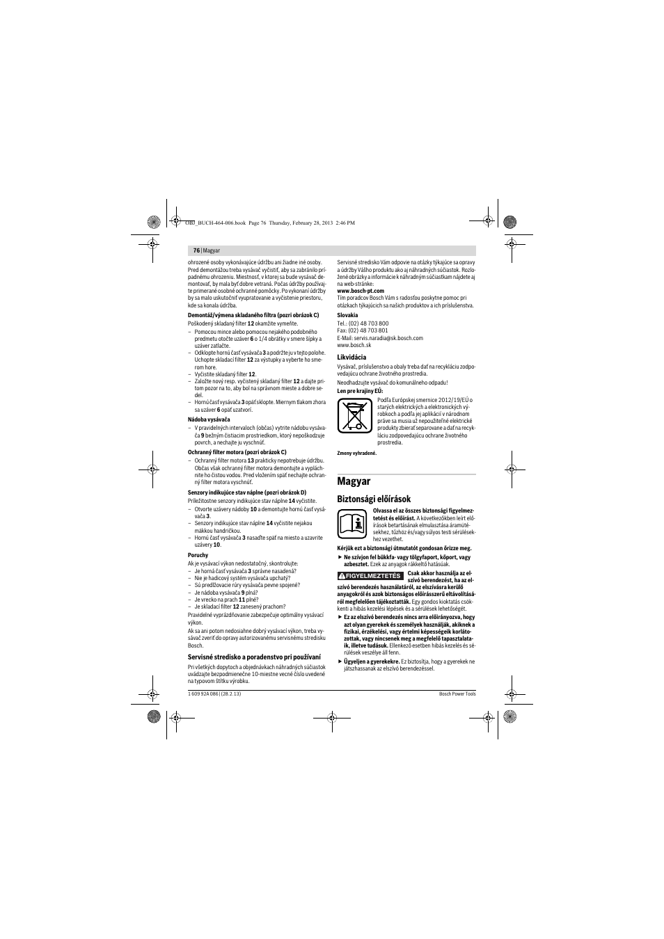 Magyar, Biztonsági előírások | Bosch GAS 25 L SFC Professional User Manual | Page 76 / 146