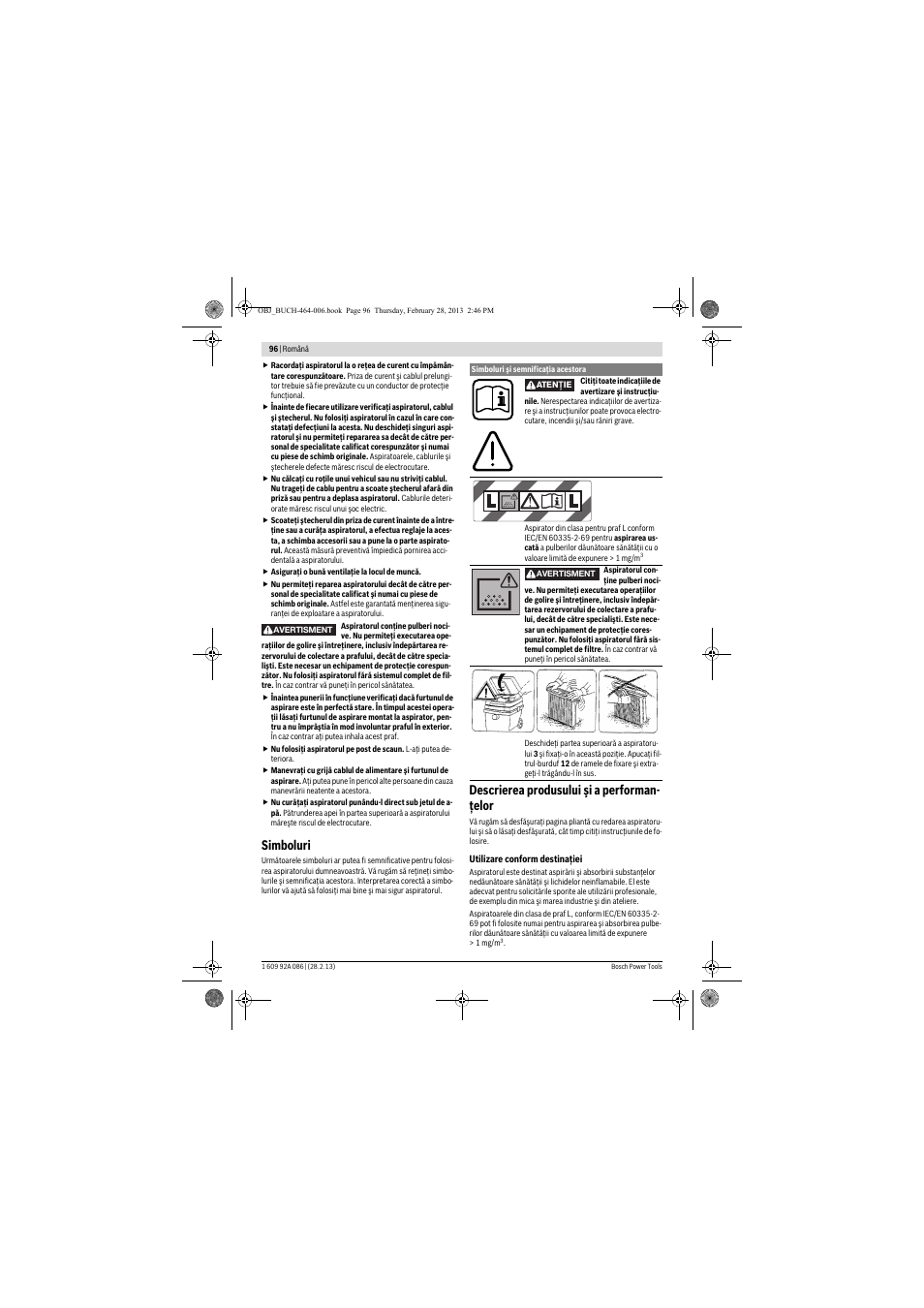 Simboluri, Descrierea produsului şi a performan- ţelor | Bosch GAS 25 L SFC Professional User Manual | Page 96 / 146