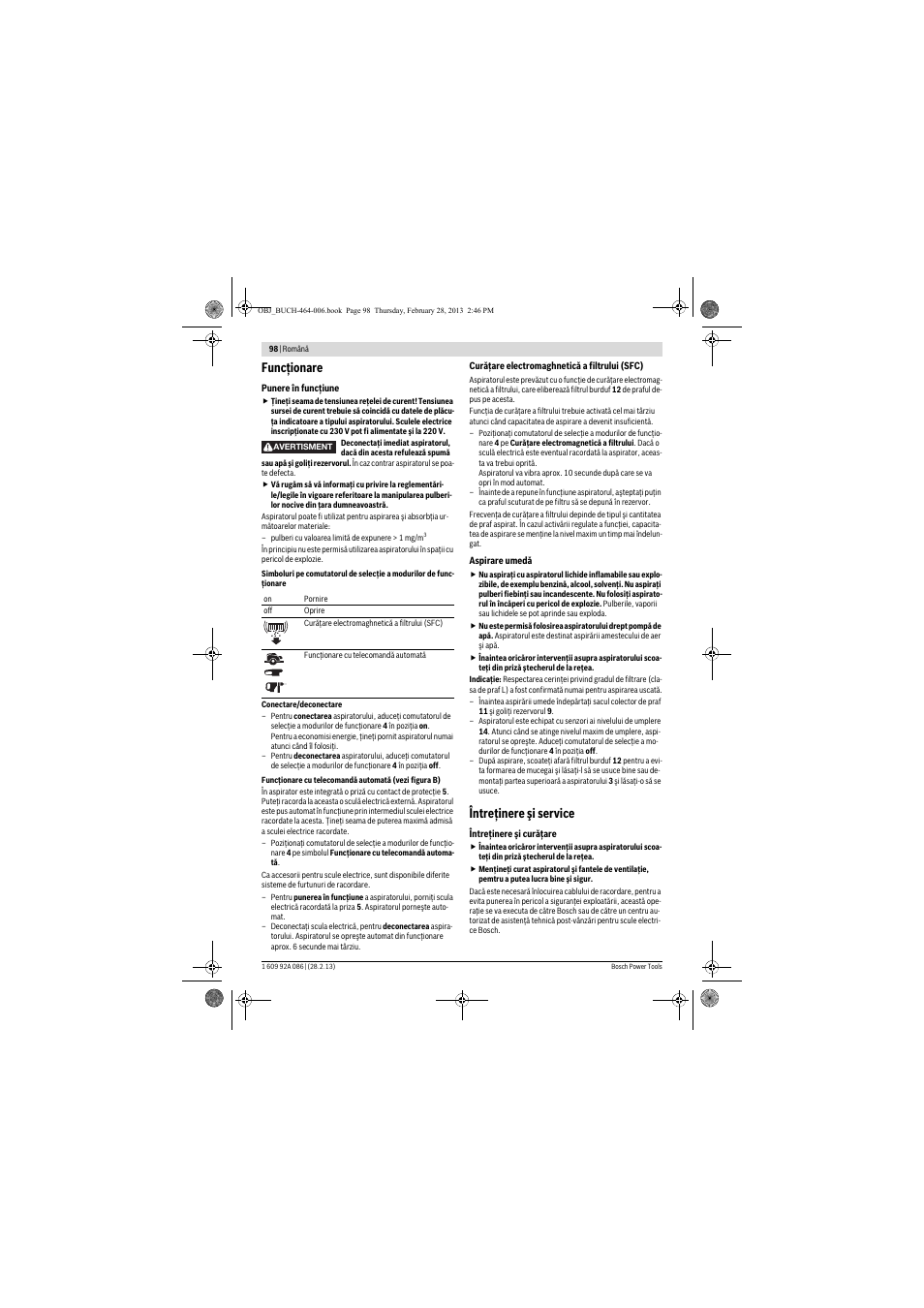 Funcţionare, Întreţinere şi service | Bosch GAS 25 L SFC Professional User Manual | Page 98 / 146
