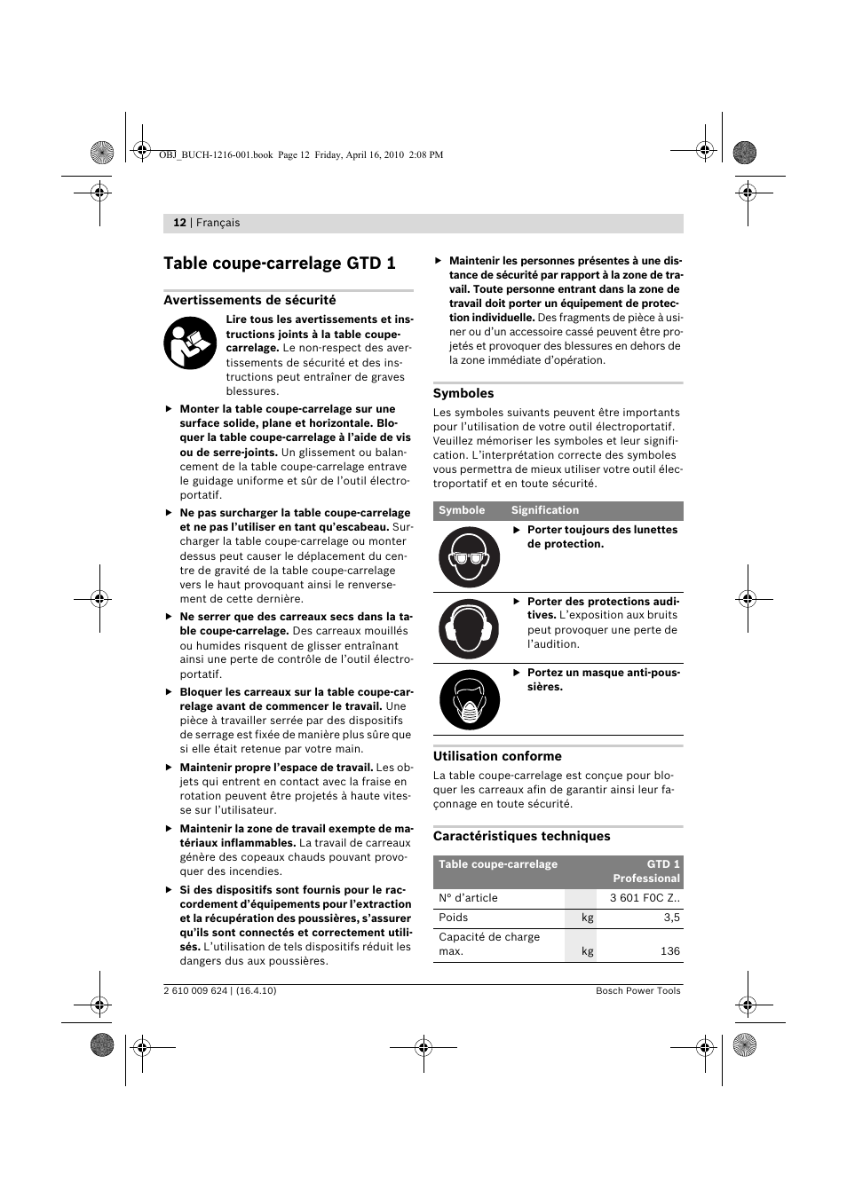 Table coupe-carrelage gtd 1 | Bosch GTD 1 Professional User Manual | Page 12 / 65