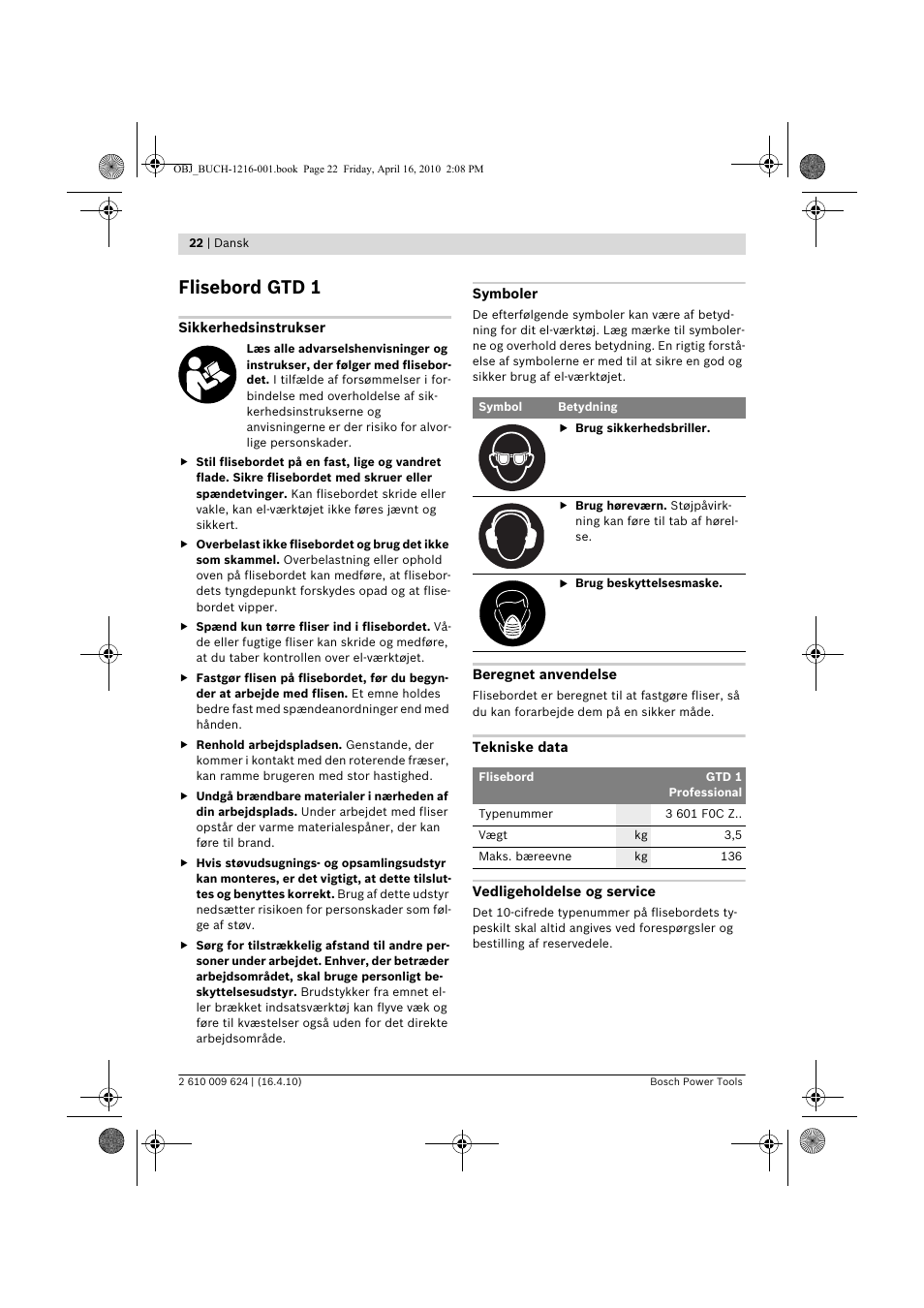 Flisebord gtd 1 | Bosch GTD 1 Professional User Manual | Page 22 / 65