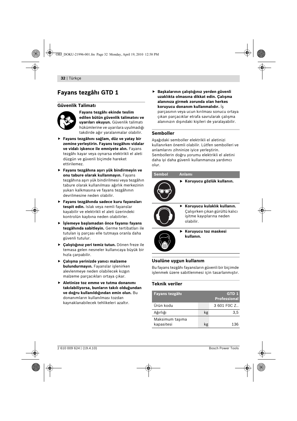Fayans tezgâh gtd 1 | Bosch GTD 1 Professional User Manual | Page 32 / 65