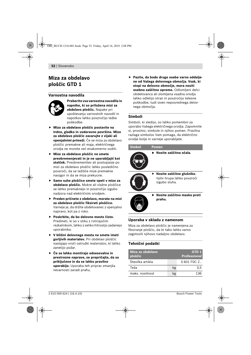 Miza za obdelavo ploščic gtd 1 | Bosch GTD 1 Professional User Manual | Page 52 / 65