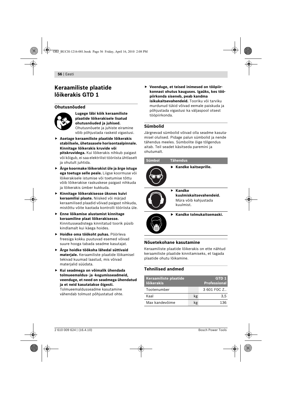 Keraamiliste plaatide lõikerakis gtd 1 | Bosch GTD 1 Professional User Manual | Page 56 / 65