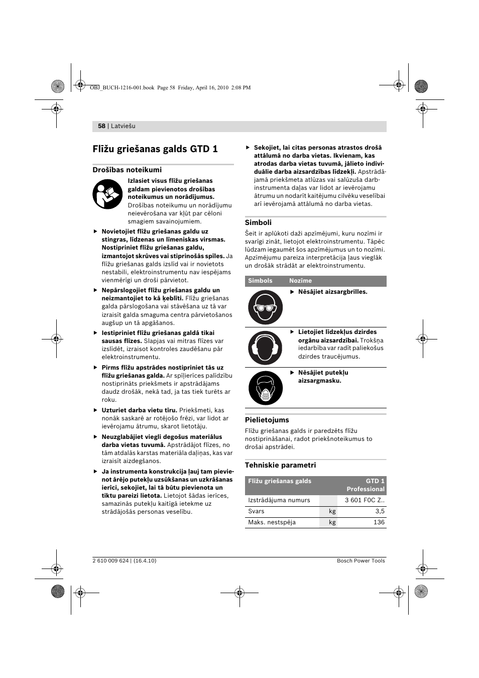 Flīžu griešanas galds gtd 1 | Bosch GTD 1 Professional User Manual | Page 58 / 65