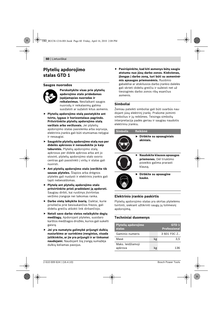 Plytelių apdorojimo stalas gtd 1 | Bosch GTD 1 Professional User Manual | Page 60 / 65