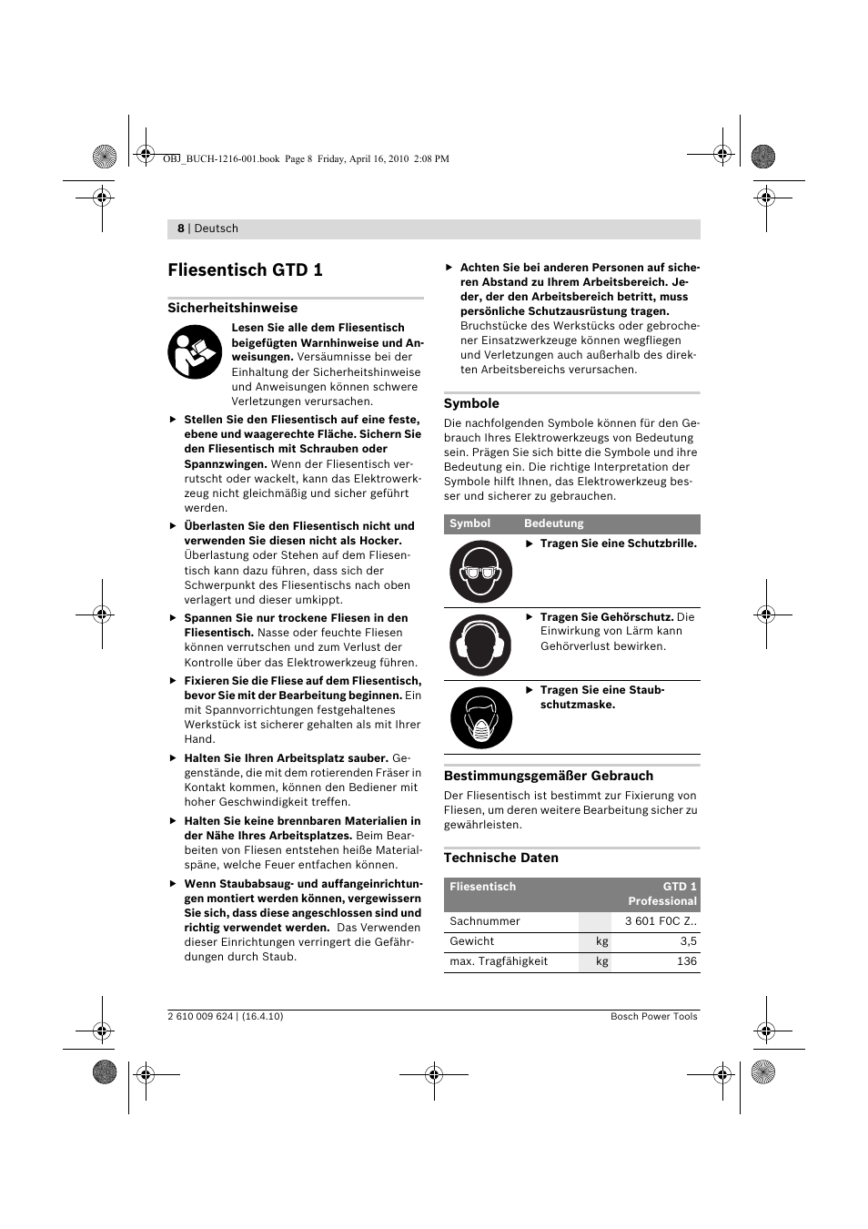 Fliesentisch gtd 1 | Bosch GTD 1 Professional User Manual | Page 8 / 65