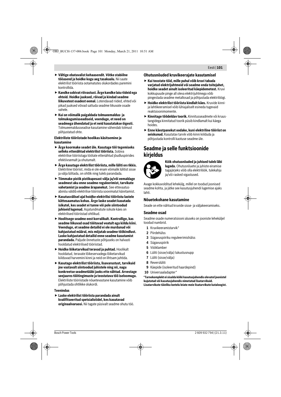 Seadme ja selle funktsioonide kirjeldus | Bosch GSR 6-60 TE Professional User Manual | Page 101 / 119