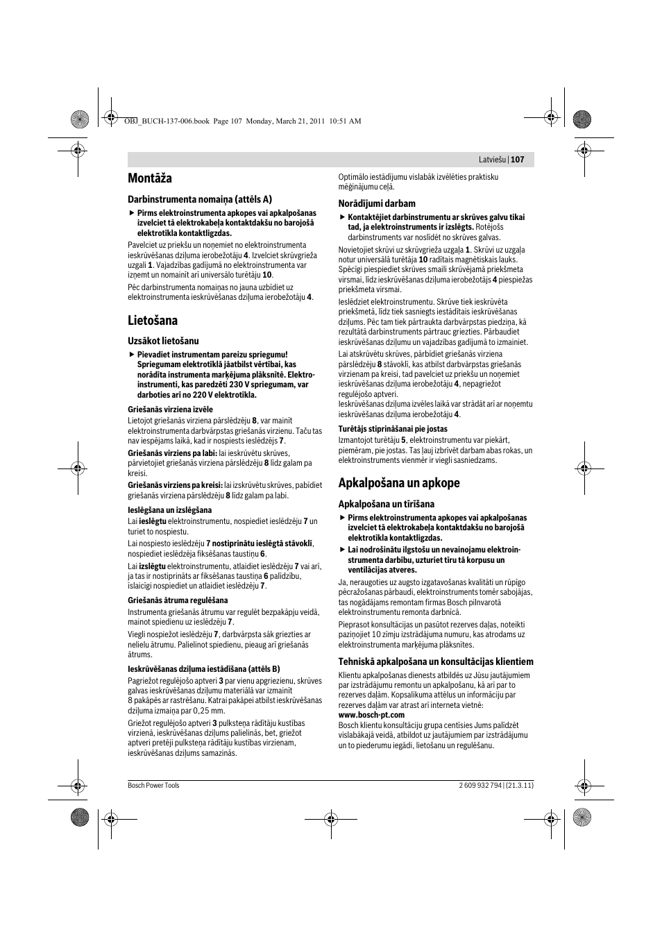 Montāža, Lietošana, Apkalpošana un apkope | Bosch GSR 6-60 TE Professional User Manual | Page 107 / 119