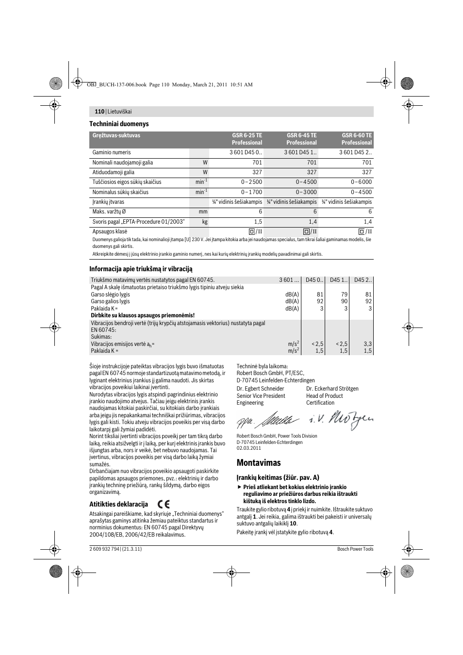 Montavimas | Bosch GSR 6-60 TE Professional User Manual | Page 110 / 119