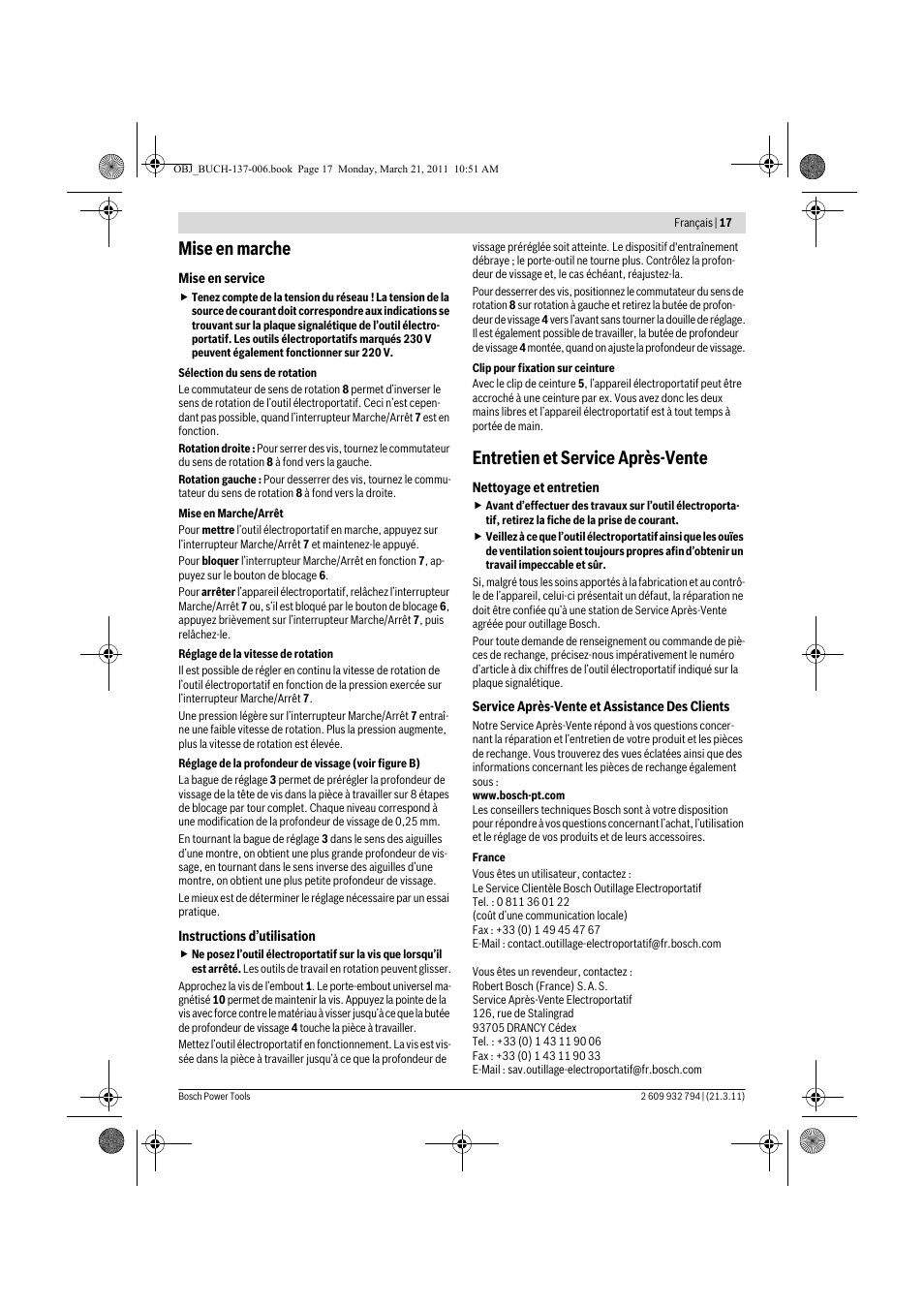 Mise en marche, Entretien et service après-vente | Bosch GSR 6-60 TE Professional User Manual | Page 17 / 119