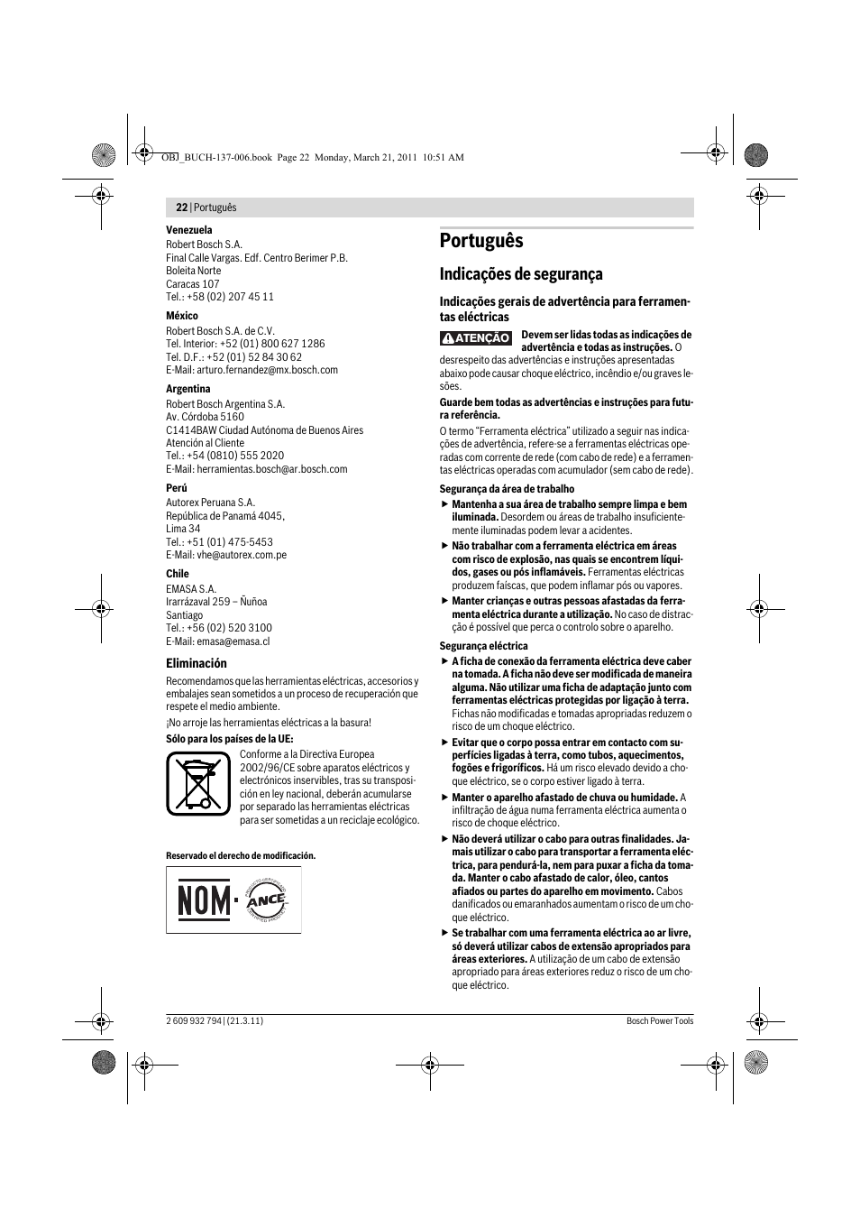 Português, Indicações de segurança | Bosch GSR 6-60 TE Professional User Manual | Page 22 / 119