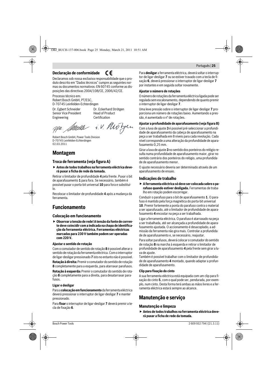 Montagem, Funcionamento, Manutenção e serviço | Bosch GSR 6-60 TE Professional User Manual | Page 25 / 119