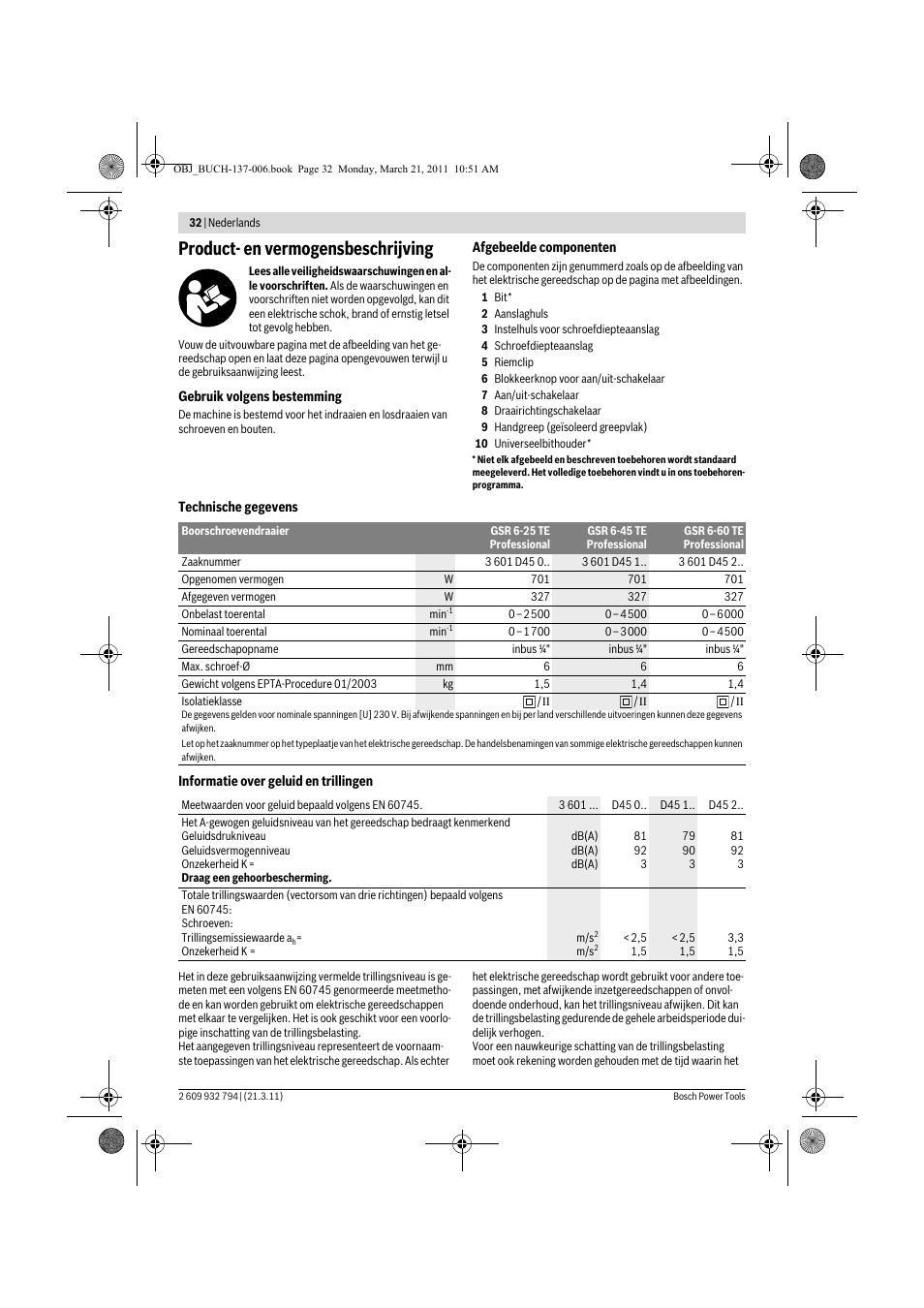 Product- en vermogensbeschrijving | Bosch GSR 6-60 TE Professional User Manual | Page 32 / 119