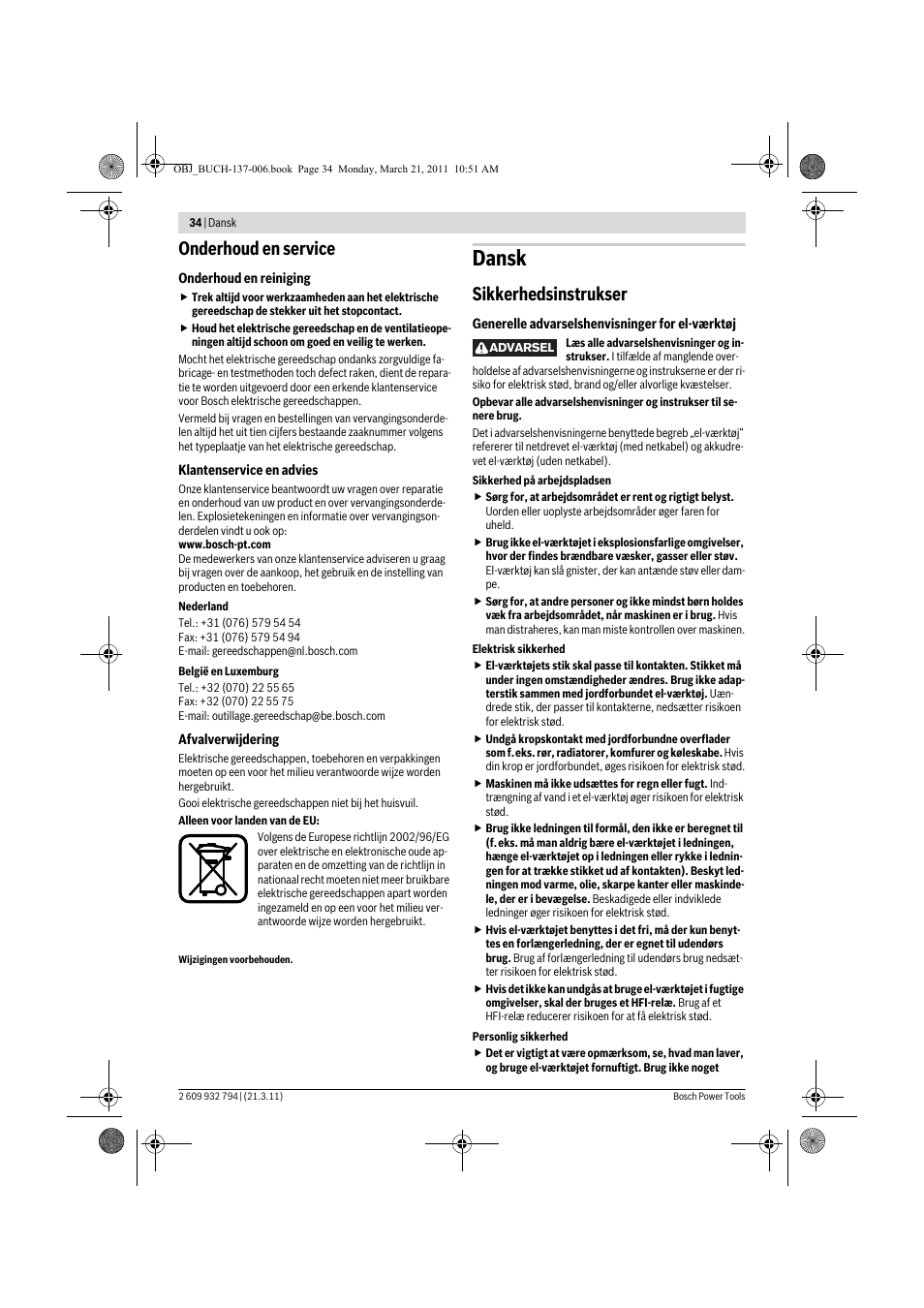 Dansk, Onderhoud en service, Sikkerhedsinstrukser | Bosch GSR 6-60 TE Professional User Manual | Page 34 / 119