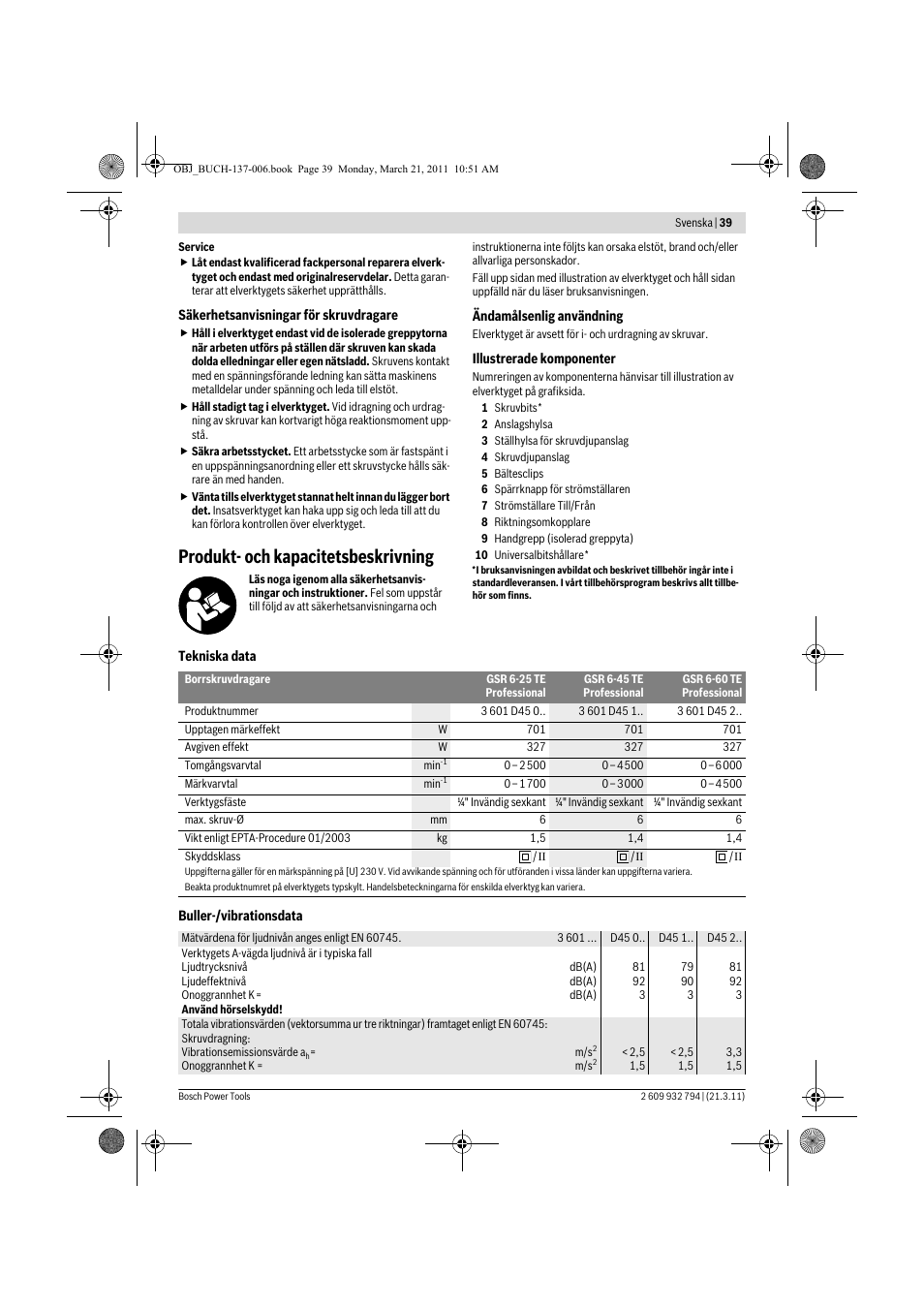 Produkt- och kapacitetsbeskrivning | Bosch GSR 6-60 TE Professional User Manual | Page 39 / 119