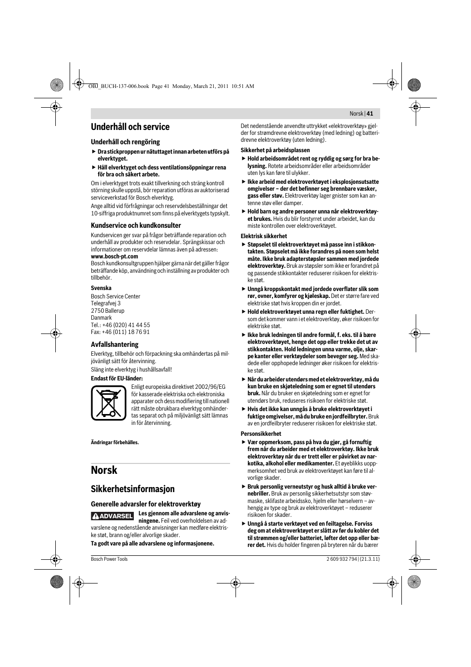 Norsk, Underhåll och service, Sikkerhetsinformasjon | Bosch GSR 6-60 TE Professional User Manual | Page 41 / 119