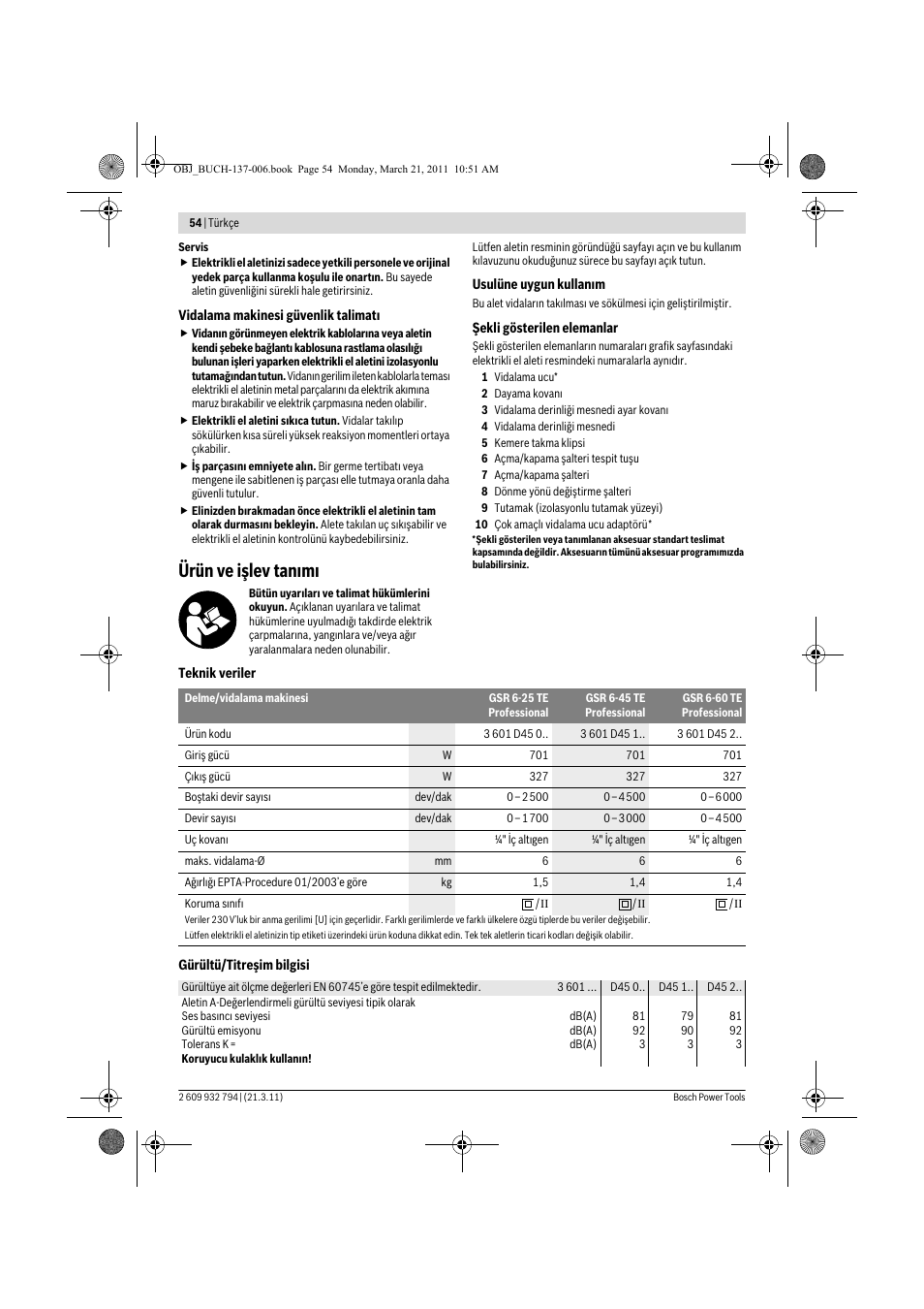 Ürün ve işlev tan m | Bosch GSR 6-60 TE Professional User Manual | Page 54 / 119