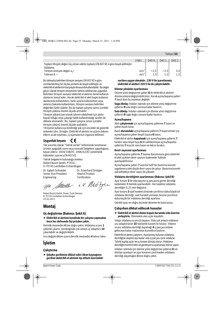 Montaj, Işletim | Bosch GSR 6-60 TE Professional User Manual | Page 55 / 119