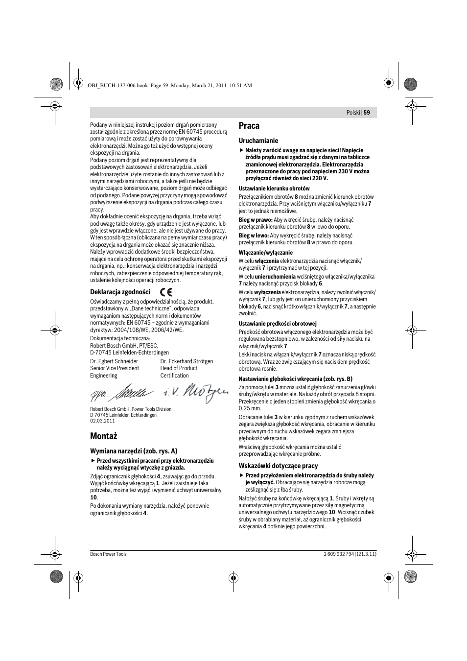 Montaż, Praca | Bosch GSR 6-60 TE Professional User Manual | Page 59 / 119