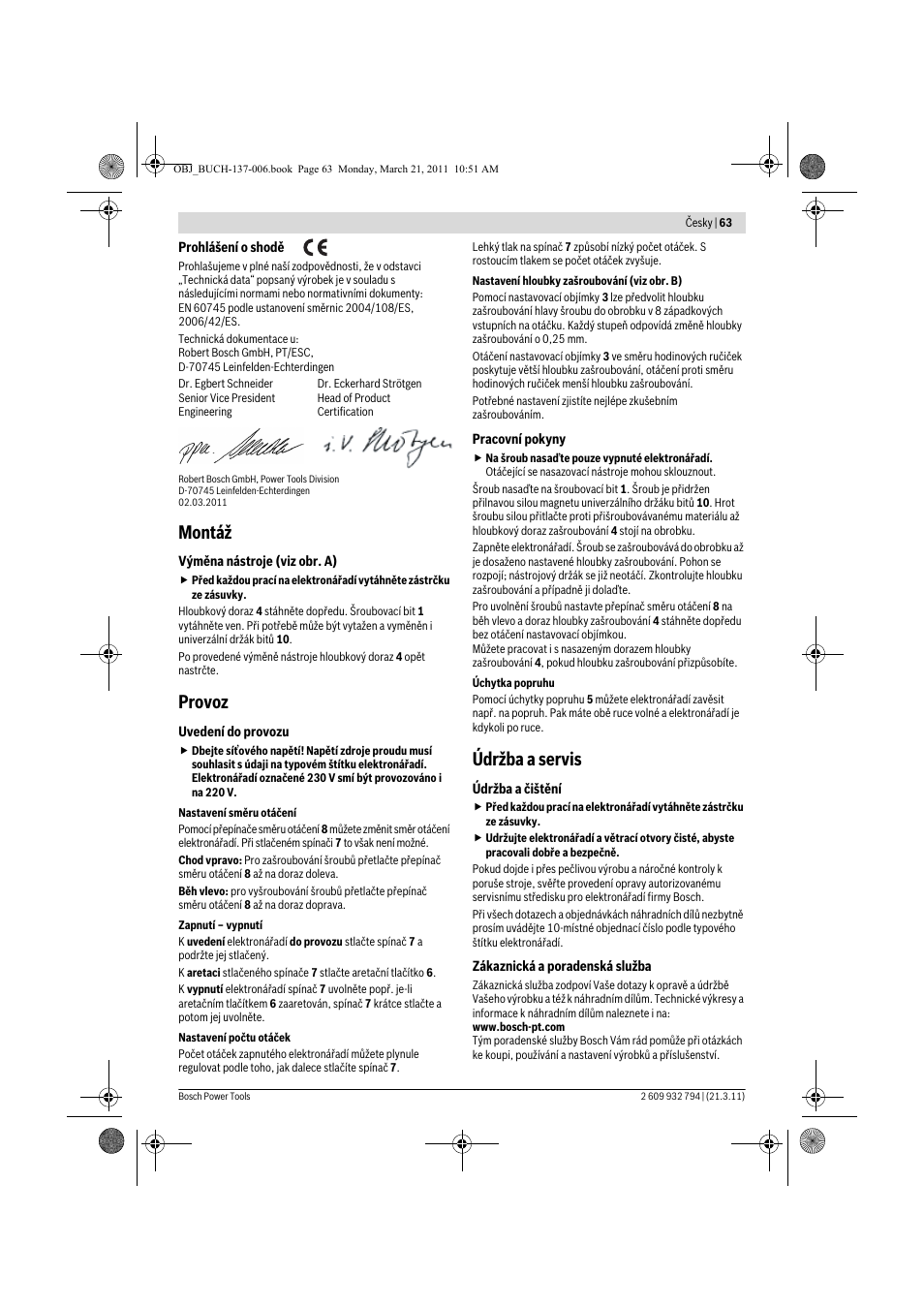 Montáž, Provoz, Údržba a servis | Bosch GSR 6-60 TE Professional User Manual | Page 63 / 119