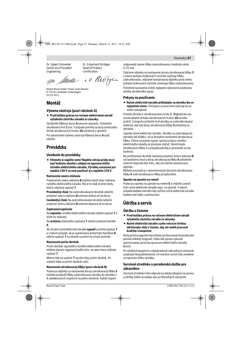 Montáž, Prevádzka, Údržba a servis | Bosch GSR 6-60 TE Professional User Manual | Page 67 / 119