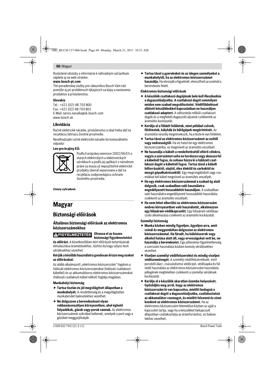 Magyar, Biztonsági előírások | Bosch GSR 6-60 TE Professional User Manual | Page 68 / 119