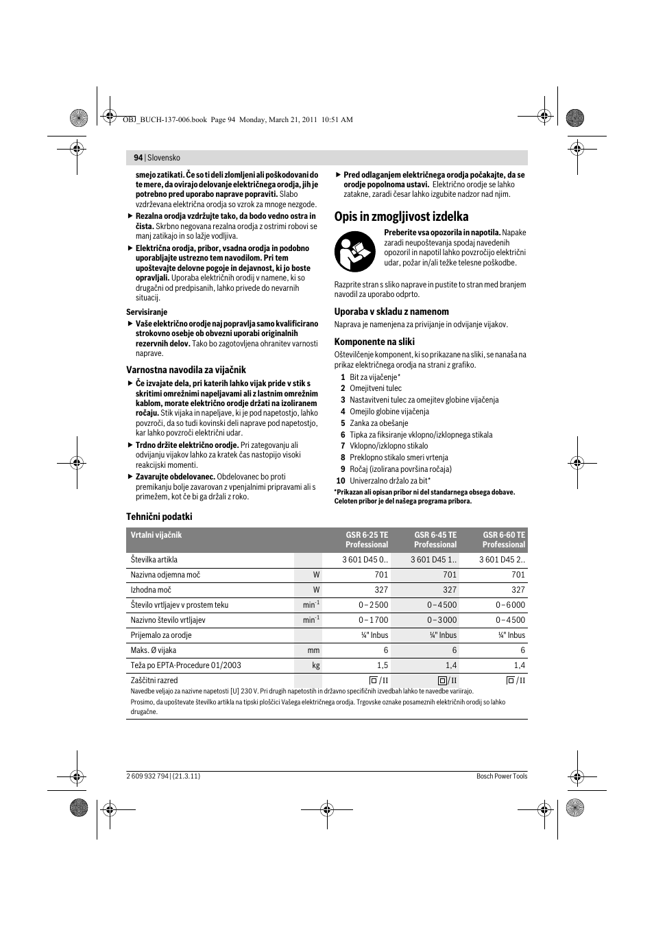 Opis in zmogljivost izdelka | Bosch GSR 6-60 TE Professional User Manual | Page 94 / 119