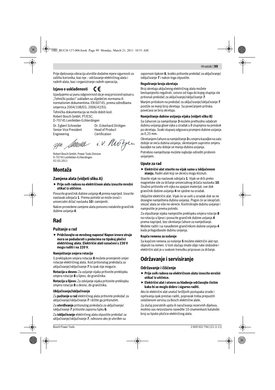 Montaža, Održavanje i servisiranje | Bosch GSR 6-60 TE Professional User Manual | Page 99 / 119