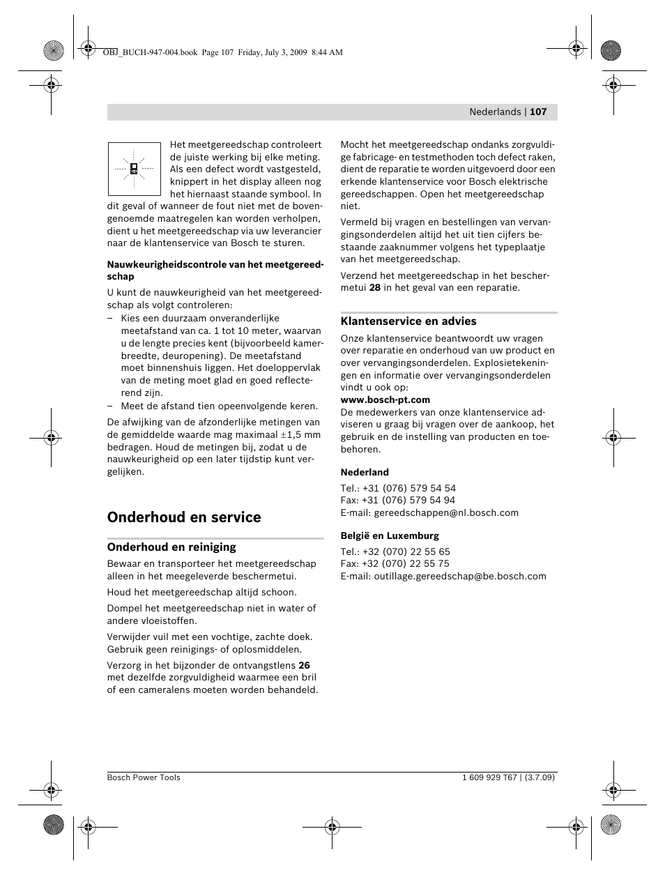 Onderhoud en service | Bosch GLM 150 Professional User Manual | Page 107 / 440