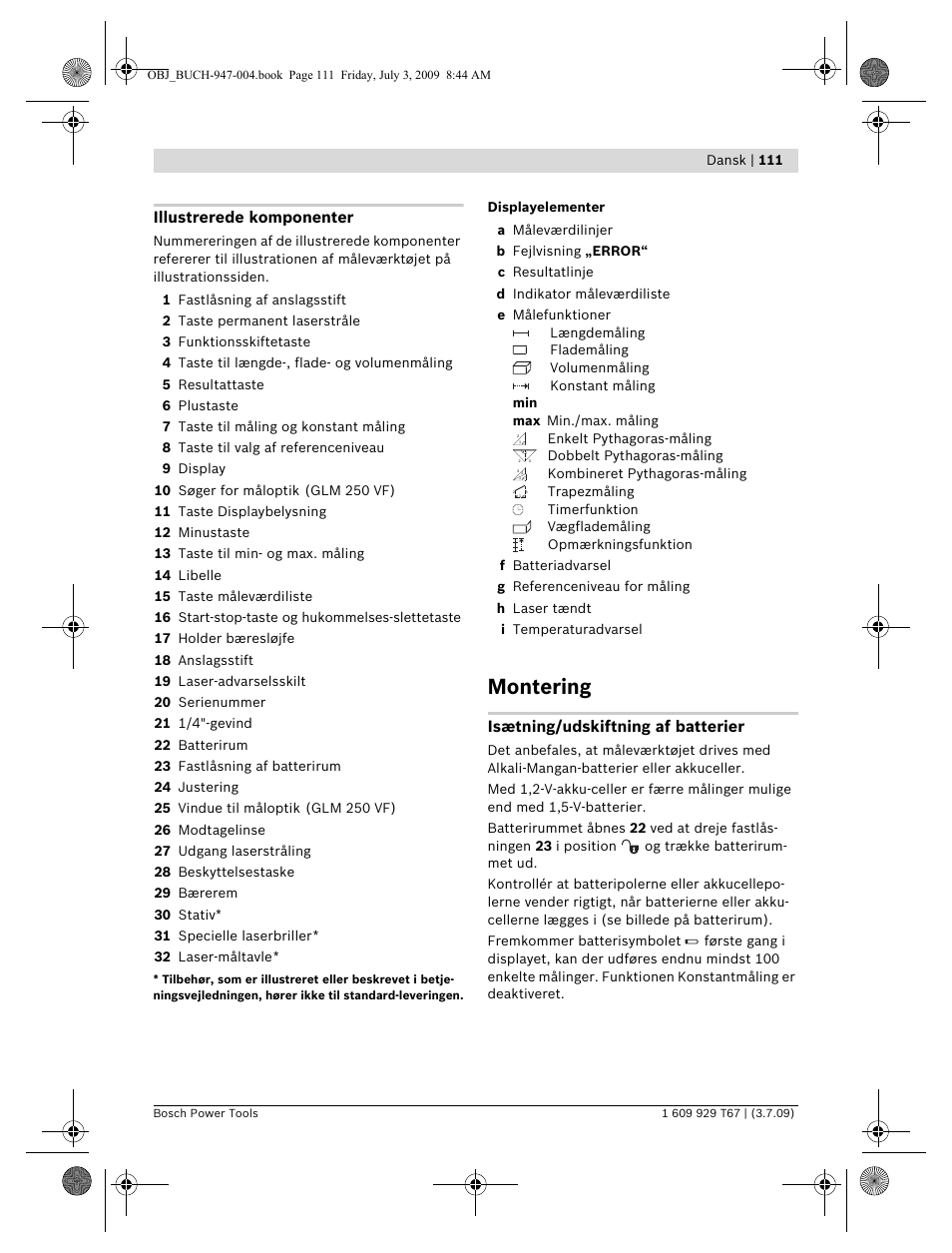 Montering, Illustrerede komponenter, Isætning/udskiftning af batterier | Bosch GLM 150 Professional User Manual | Page 111 / 440
