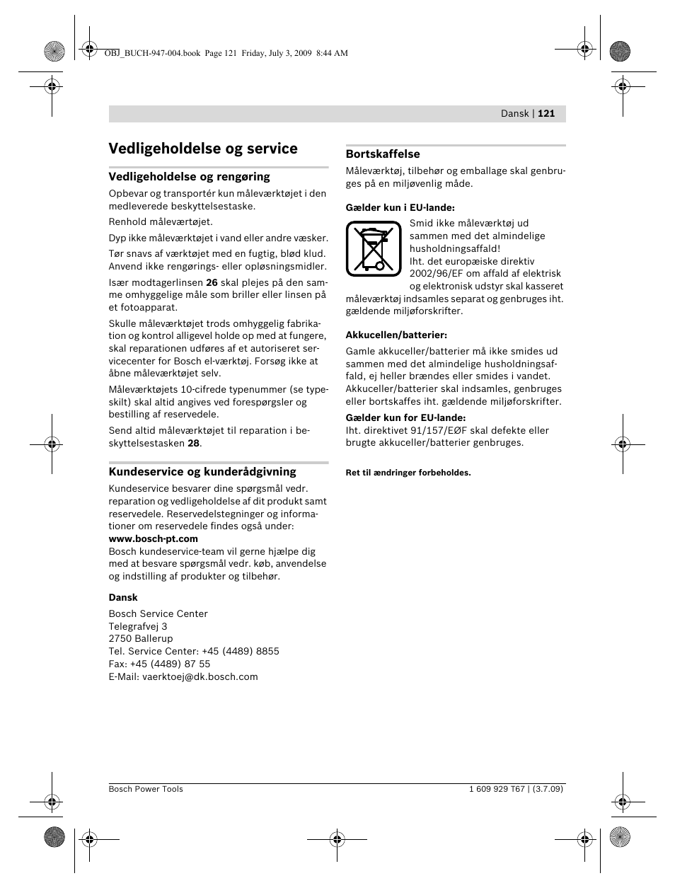 Vedligeholdelse og service | Bosch GLM 150 Professional User Manual | Page 121 / 440