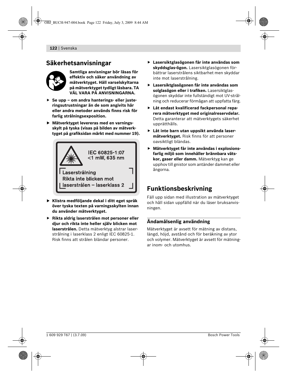 Säkerhetsanvisningar, Funktionsbeskrivning | Bosch GLM 150 Professional User Manual | Page 122 / 440