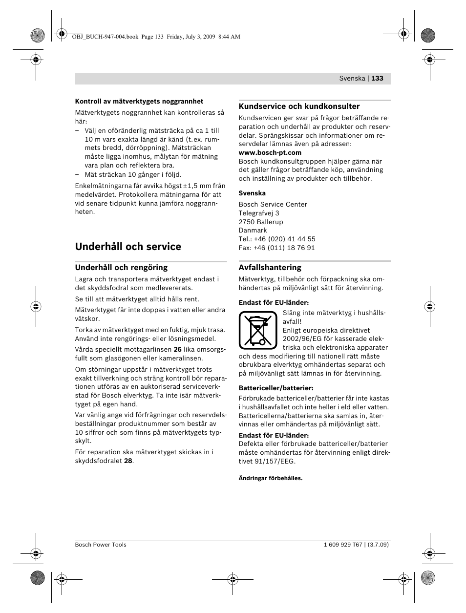 Underhåll och service | Bosch GLM 150 Professional User Manual | Page 133 / 440
