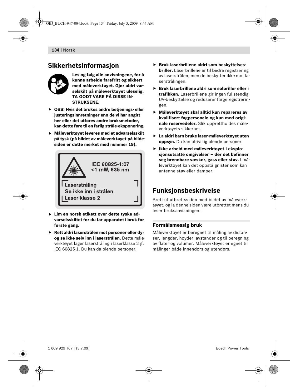 Sikkerhetsinformasjon, Funksjonsbeskrivelse | Bosch GLM 150 Professional User Manual | Page 134 / 440