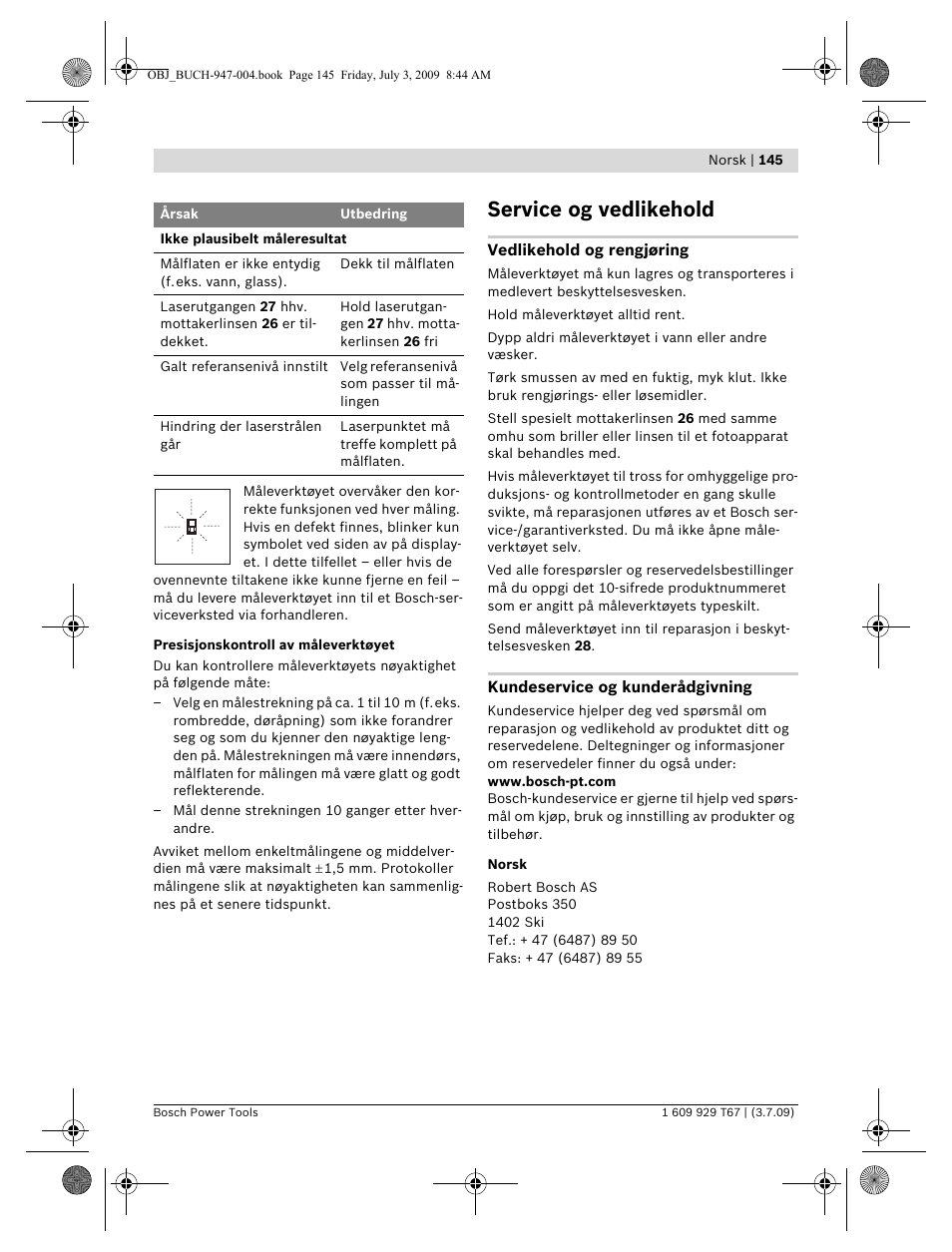 Service og vedlikehold | Bosch GLM 150 Professional User Manual | Page 145 / 440