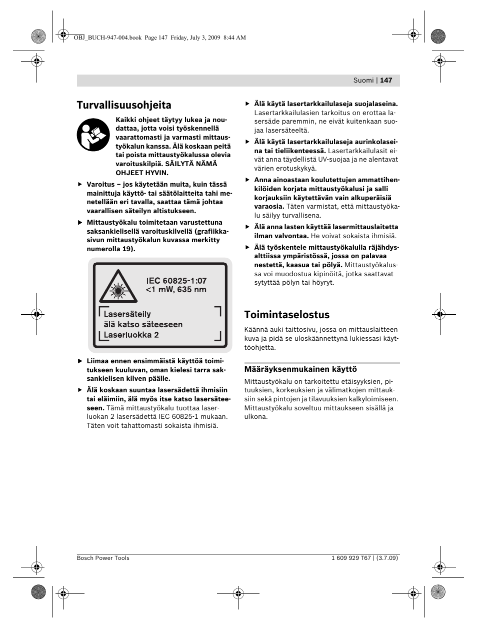 Turvallisuusohjeita, Toimintaselostus | Bosch GLM 150 Professional User Manual | Page 147 / 440