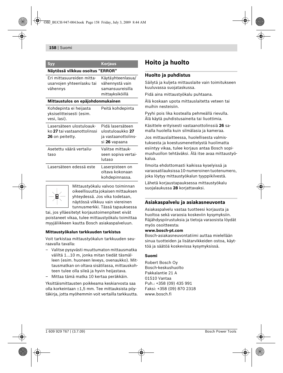 Hoito ja huolto | Bosch GLM 150 Professional User Manual | Page 158 / 440