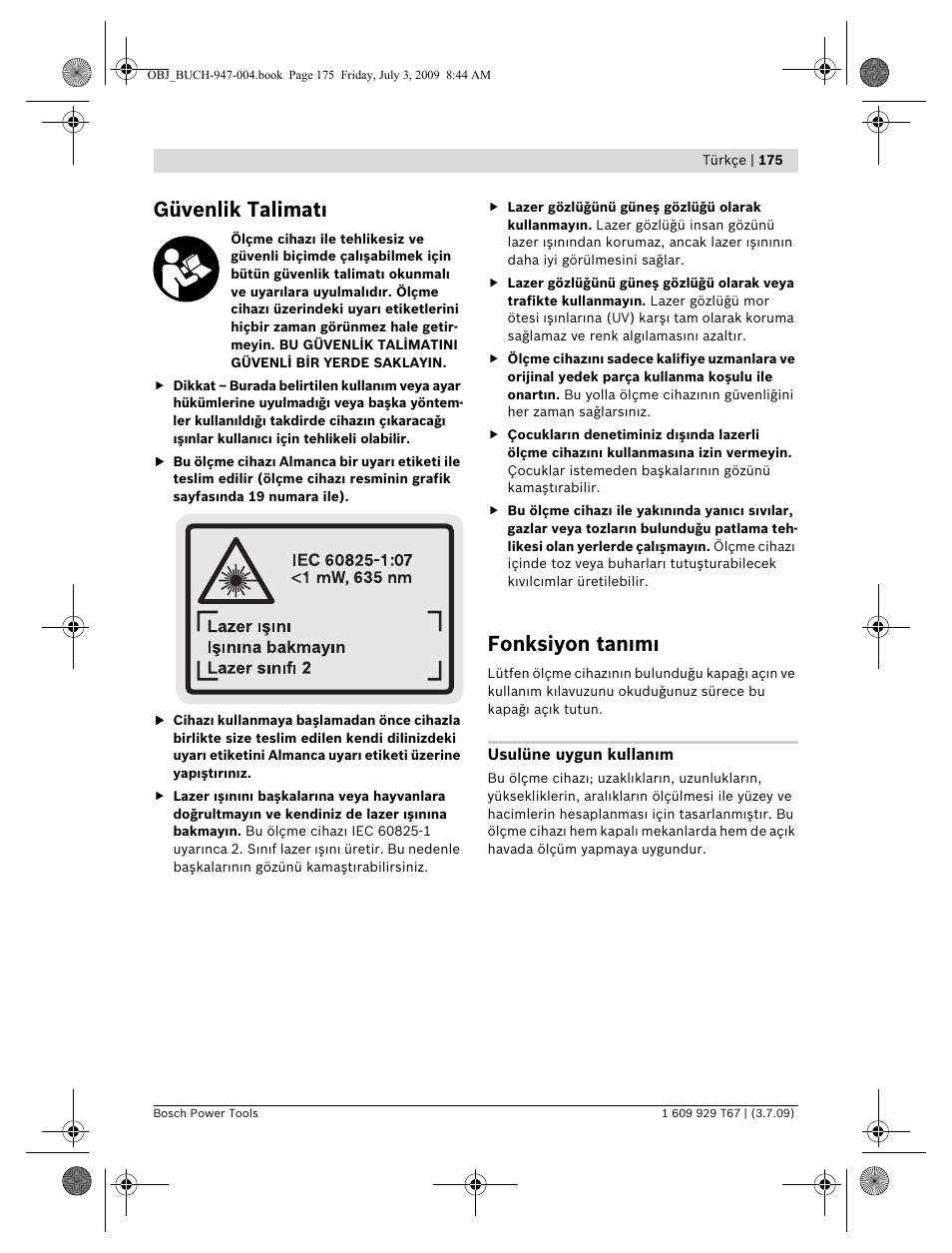 Güvenlik talimat, Fonksiyon tan m | Bosch GLM 150 Professional User Manual | Page 175 / 440