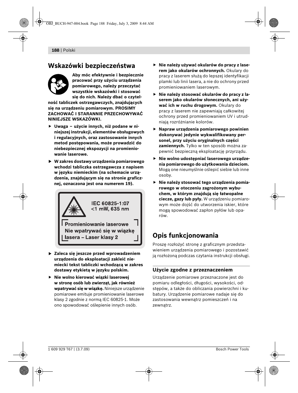 Wskazówki bezpieczeństwa, Opis funkcjonowania | Bosch GLM 150 Professional User Manual | Page 188 / 440