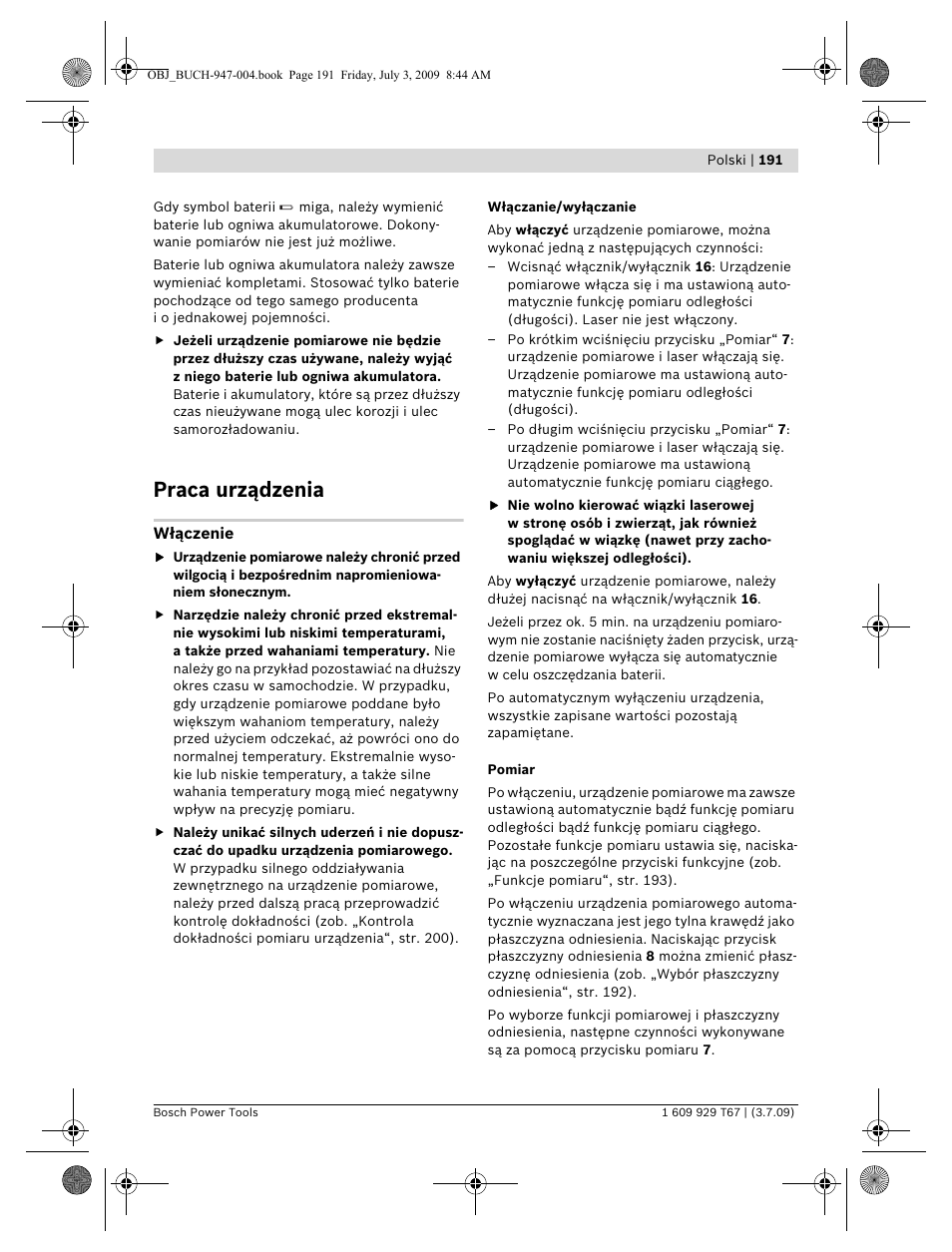 Praca urządzenia | Bosch GLM 150 Professional User Manual | Page 191 / 440
