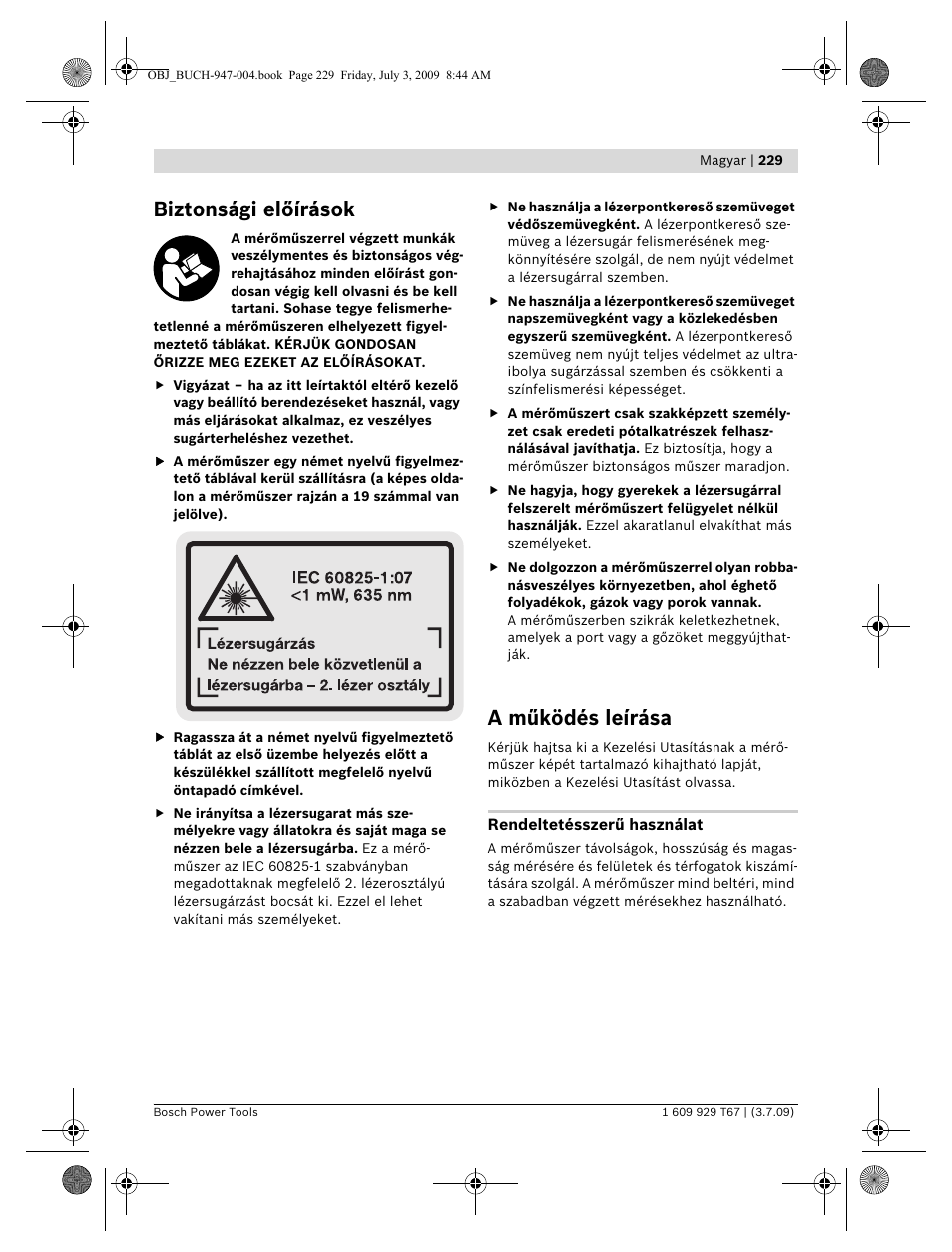Biztonsági előírások, A működés leírása | Bosch GLM 150 Professional User Manual | Page 229 / 440