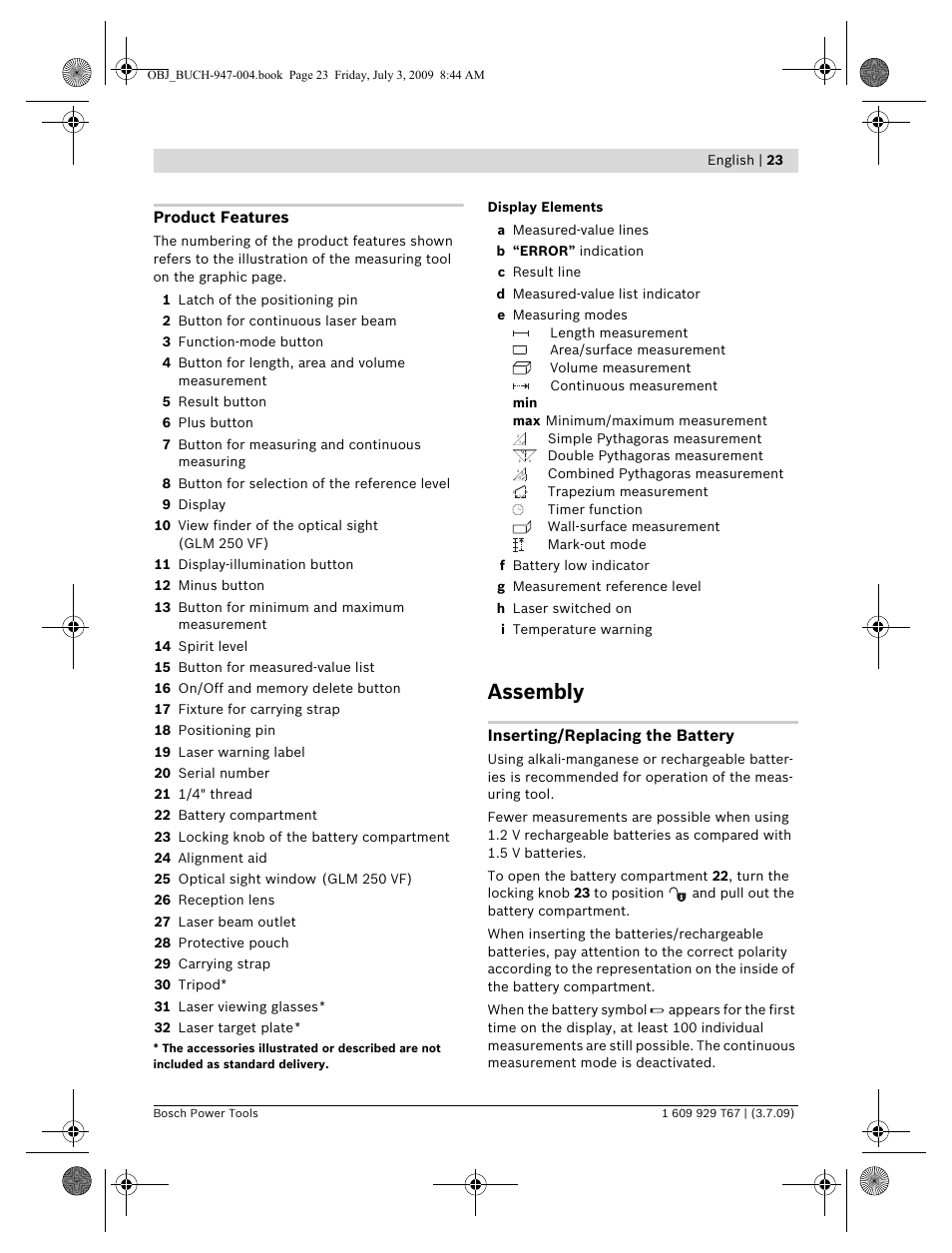 Assembly, Product features, Inserting/replacing the battery | Bosch GLM 150 Professional User Manual | Page 23 / 440