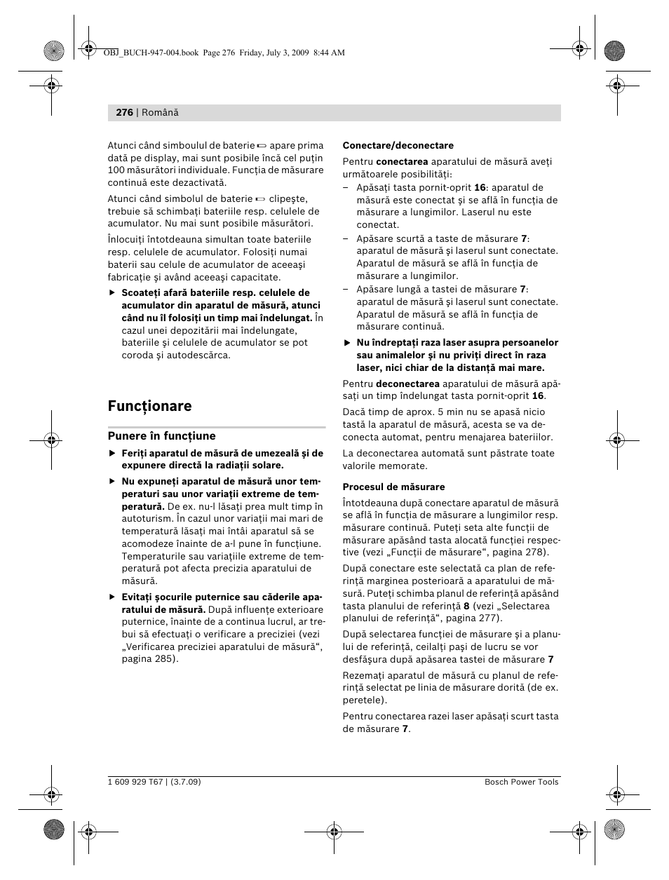 Funcţionare | Bosch GLM 150 Professional User Manual | Page 276 / 440