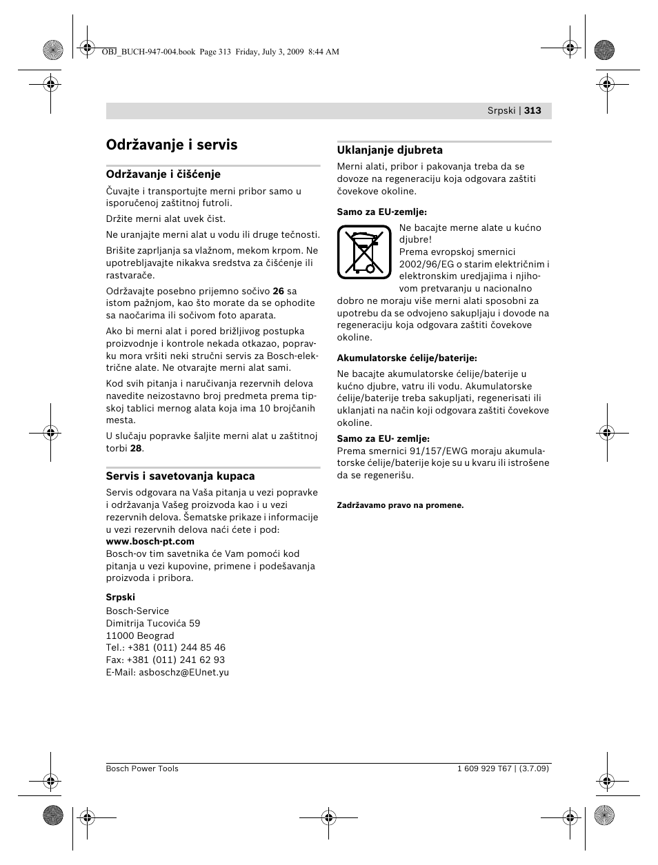 Održavanje i servis | Bosch GLM 150 Professional User Manual | Page 313 / 440