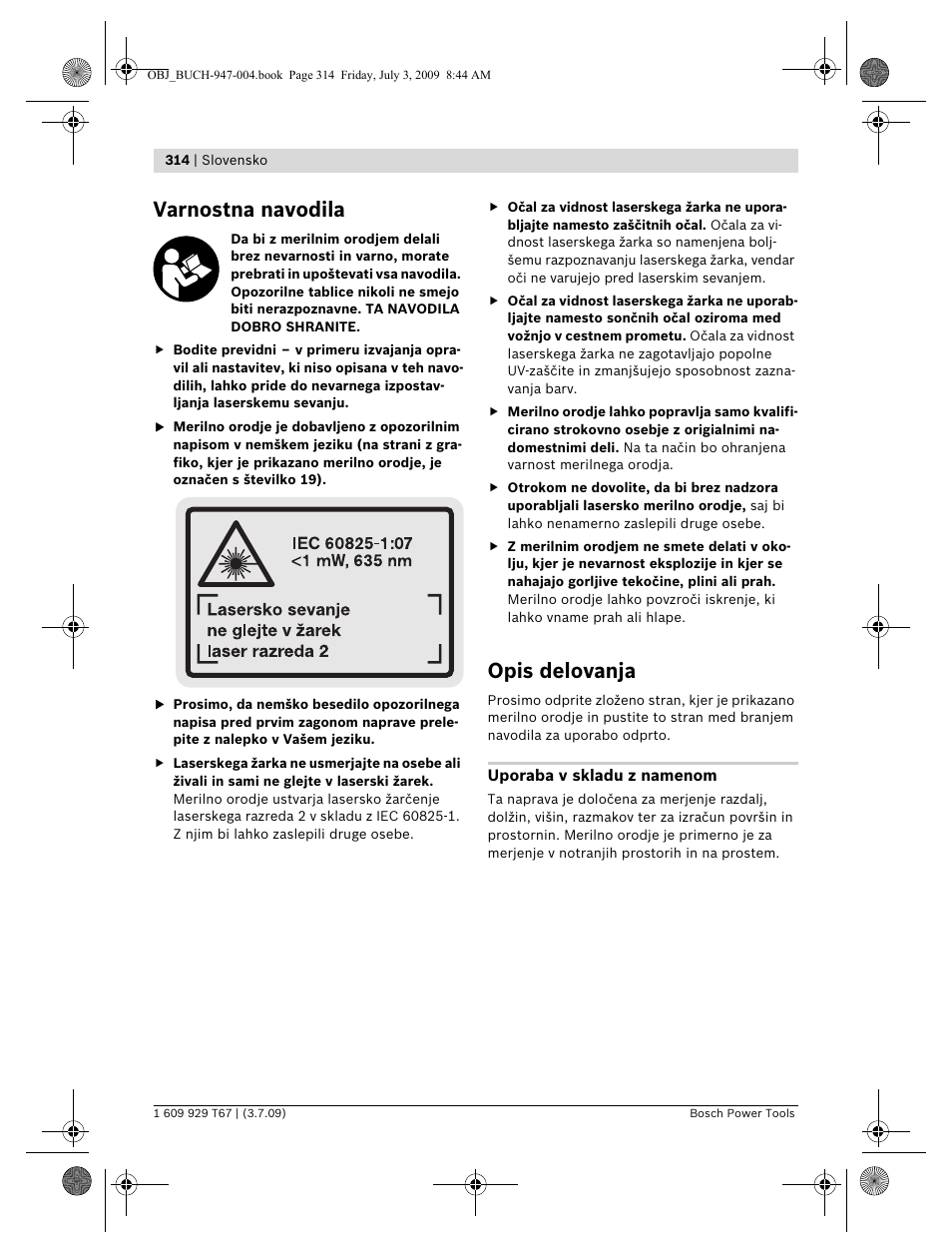 Varnostna navodila, Opis delovanja | Bosch GLM 150 Professional User Manual | Page 314 / 440